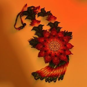 Huichol hand beaded flower necklace / large/ color: red, green, yellow, orange,